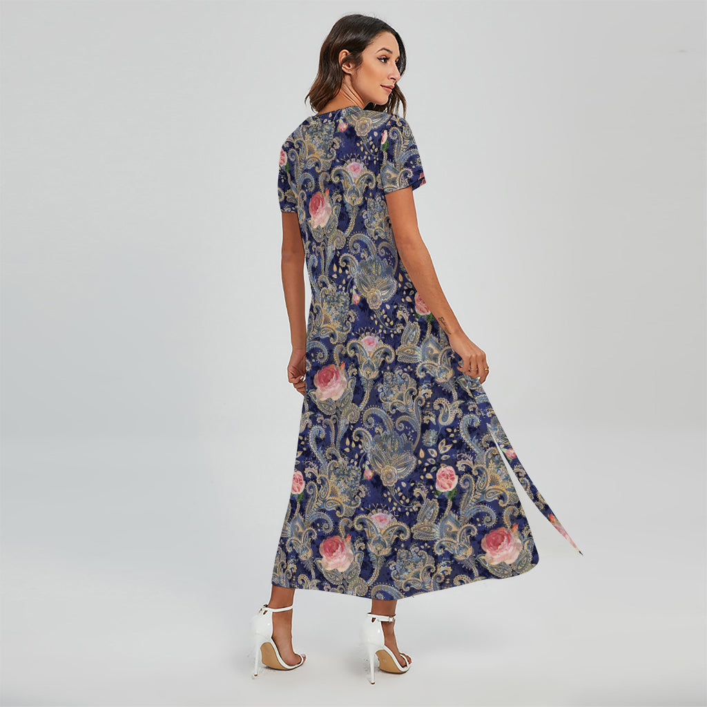 Indian Rose Paisley Pattern Print Short Sleeve Maxi Dress