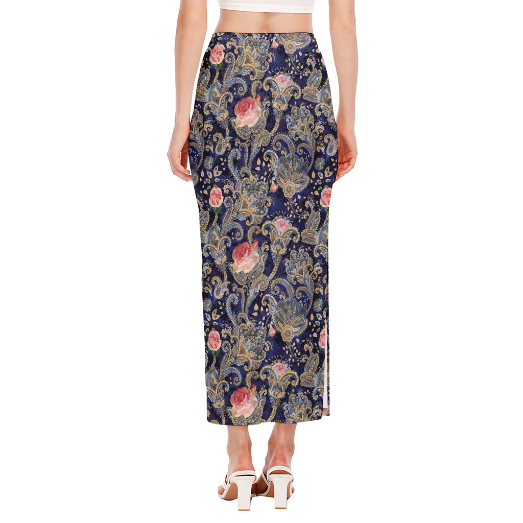 Indian Rose Paisley Pattern Print Side Slit Maxi Skirt