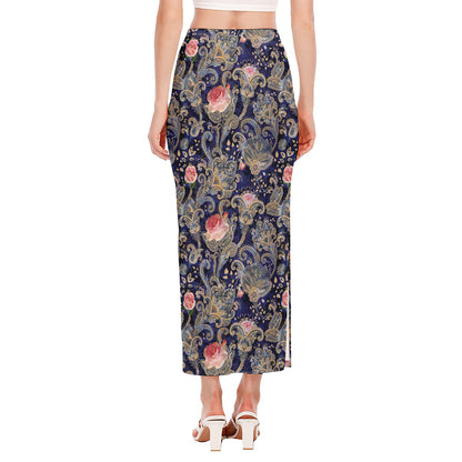 Indian Rose Paisley Pattern Print Side Slit Maxi Skirt