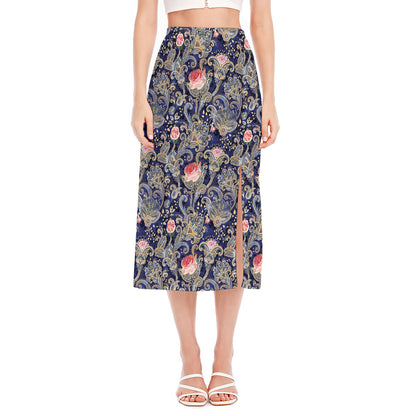 Indian Rose Paisley Pattern Print Side Slit Midi Skirt