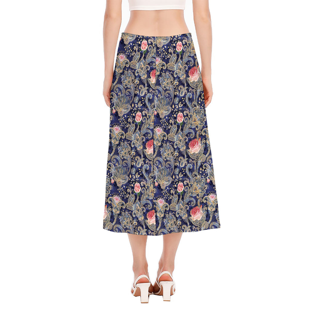 Indian Rose Paisley Pattern Print Side Slit Midi Skirt