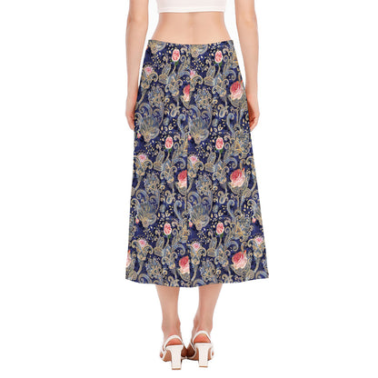 Indian Rose Paisley Pattern Print Side Slit Midi Skirt