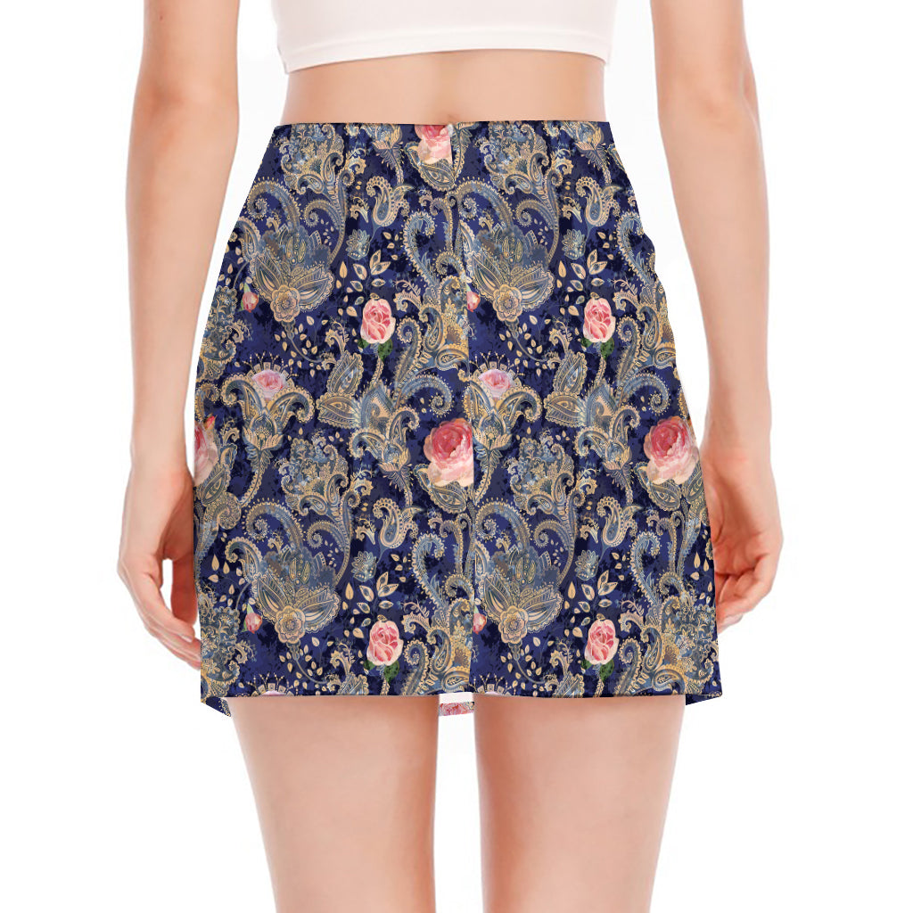 Indian Rose Paisley Pattern Print Side Slit Mini Skirt