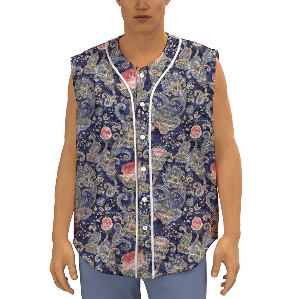 Indian Rose Paisley Pattern Print Sleeveless Baseball Jersey