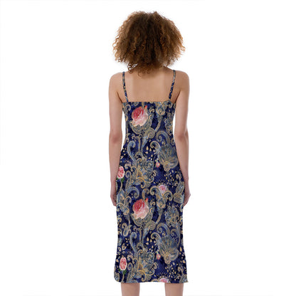Indian Rose Paisley Pattern Print Slim Fit Midi Cami Dress