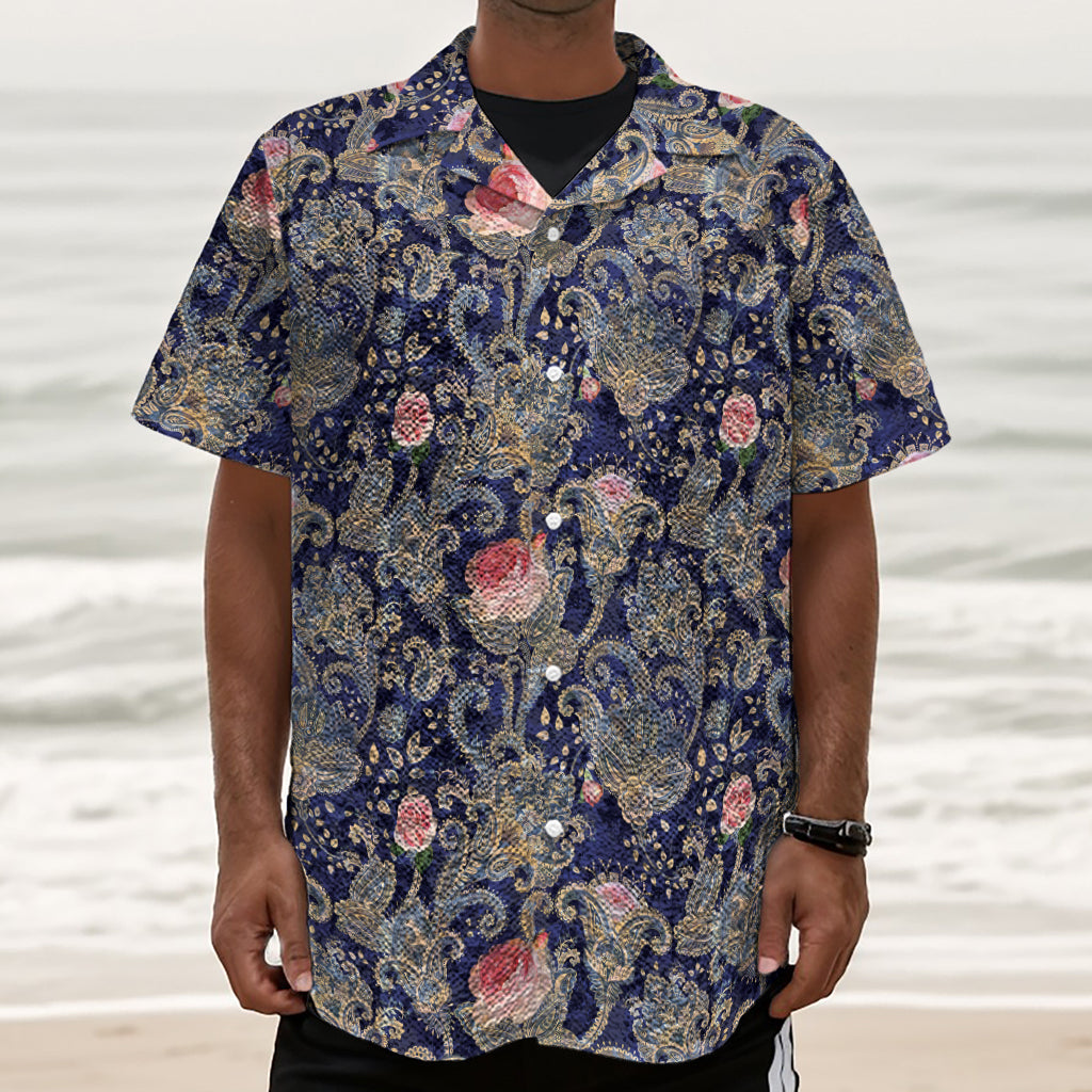 Indian Rose Paisley Pattern Print Textured Short Sleeve Shirt