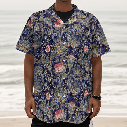 Indian Rose Paisley Pattern Print Textured Short Sleeve Shirt