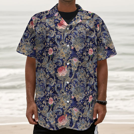 Indian Rose Paisley Pattern Print Textured Short Sleeve Shirt
