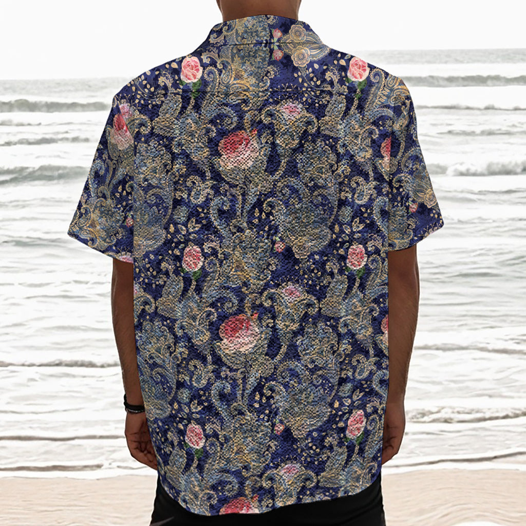 Indian Rose Paisley Pattern Print Textured Short Sleeve Shirt