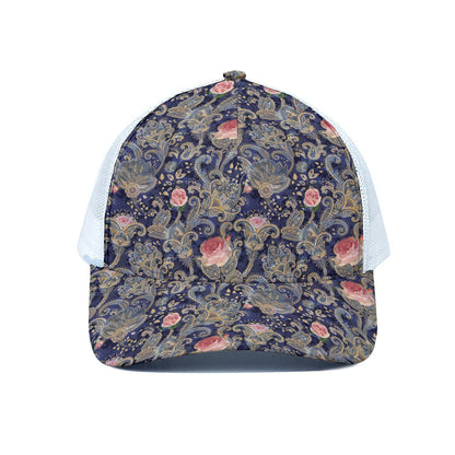 Indian Rose Paisley Pattern Print White Mesh Trucker Cap