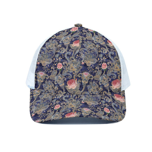 Indian Rose Paisley Pattern Print White Mesh Trucker Cap