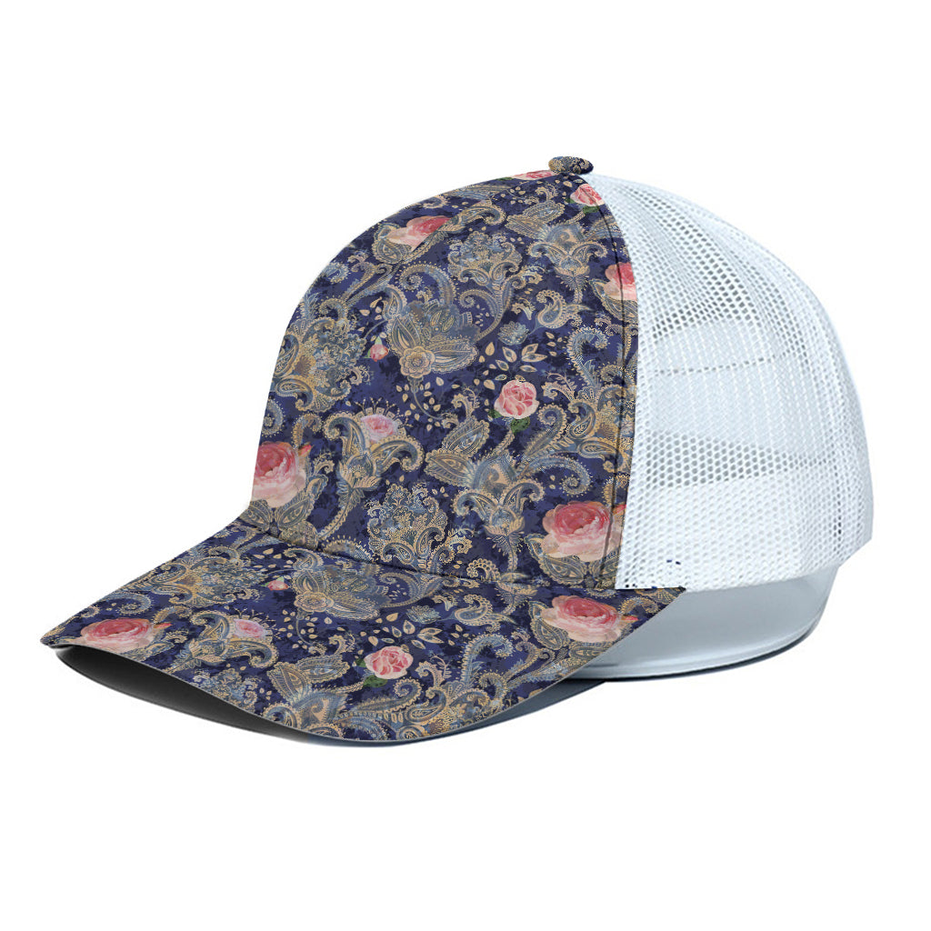 Indian Rose Paisley Pattern Print White Mesh Trucker Cap