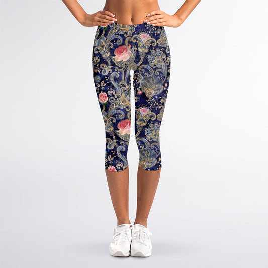 Indian Rose Paisley Pattern Print Women's Capri Leggings