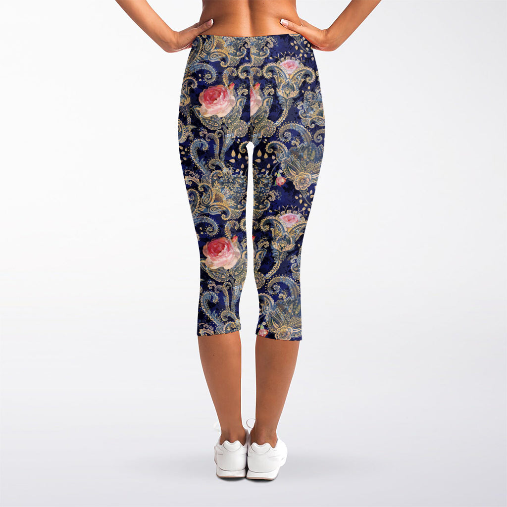 Indian Rose Paisley Pattern Print Women's Capri Leggings