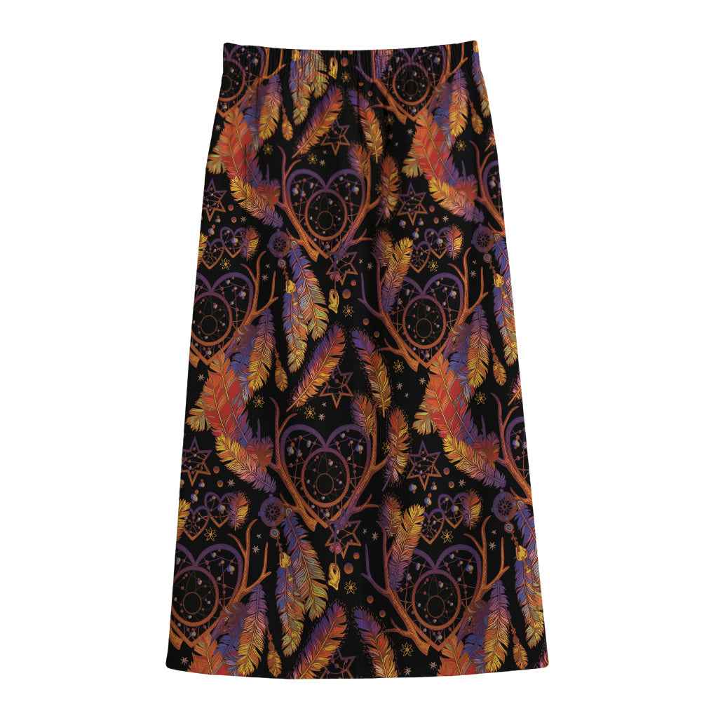 Indian Tribal Dream Catcher Print Cotton Front Slit Maxi Skirt