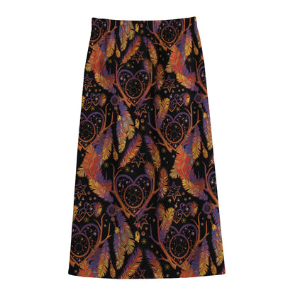 Indian Tribal Dream Catcher Print Cotton Front Slit Maxi Skirt