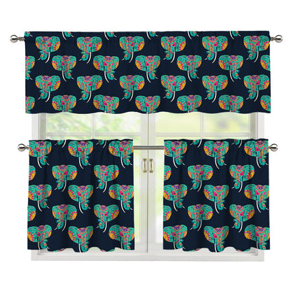 Indian Tribal Elephant Pattern Print 3 Piece Kitchen Curtains