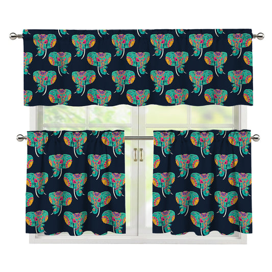 Indian Tribal Elephant Pattern Print 3 Piece Kitchen Curtains