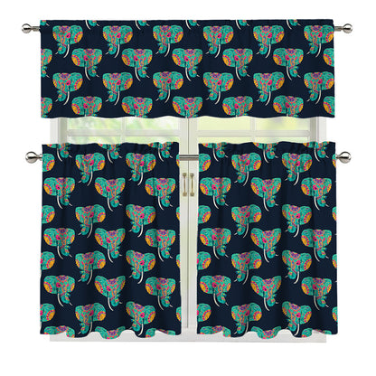 Indian Tribal Elephant Pattern Print 3 Piece Kitchen Curtains