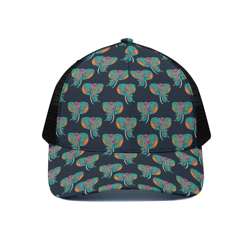 Indian Tribal Elephant Pattern Print Black Mesh Trucker Cap
