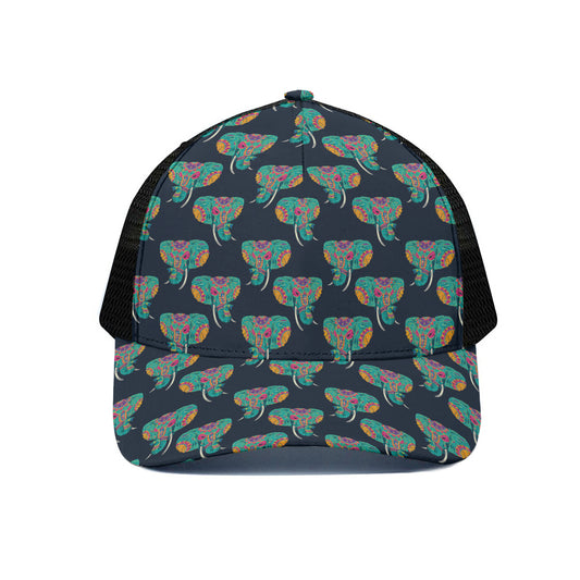 Indian Tribal Elephant Pattern Print Black Mesh Trucker Cap