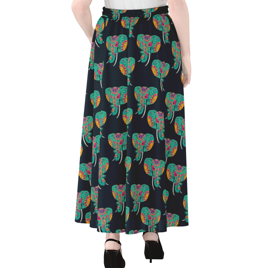 Indian Tribal Elephant Pattern Print Chiffon Maxi Skirt