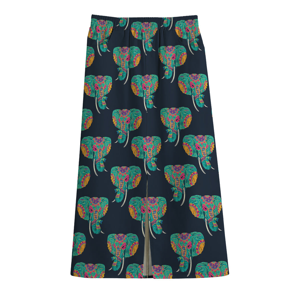 Indian Tribal Elephant Pattern Print Cotton Front Slit Maxi Skirt
