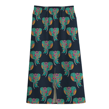 Indian Tribal Elephant Pattern Print Cotton Front Slit Maxi Skirt