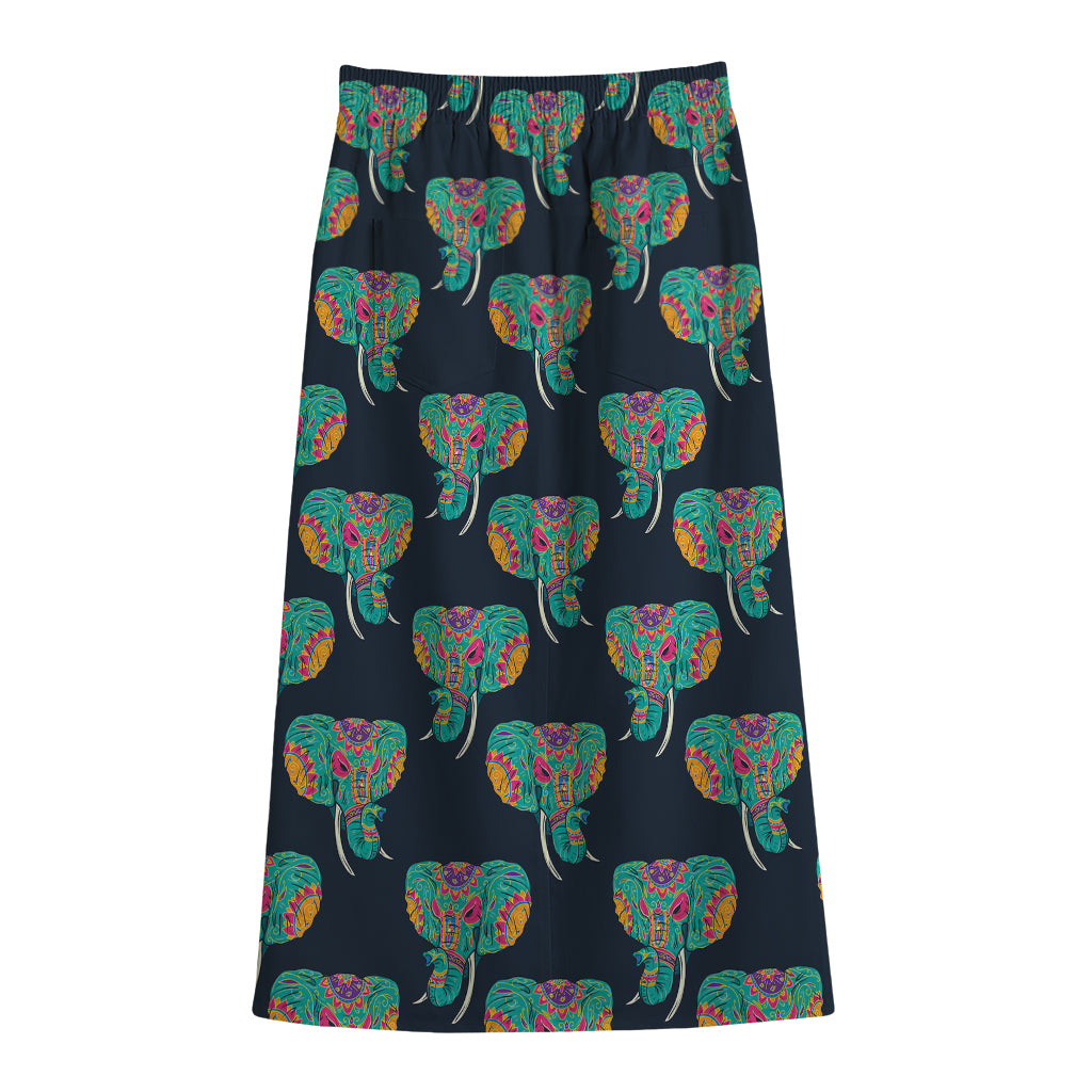 Indian Tribal Elephant Pattern Print Cotton Front Slit Maxi Skirt