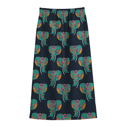 Indian Tribal Elephant Pattern Print Cotton Front Slit Maxi Skirt