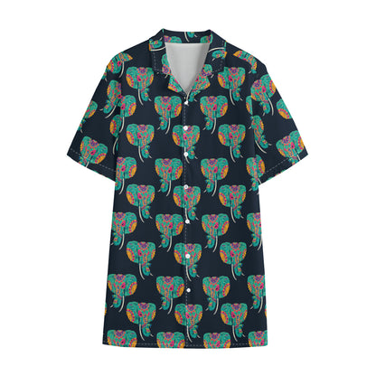 Indian Tribal Elephant Pattern Print Cotton Hawaiian Shirt