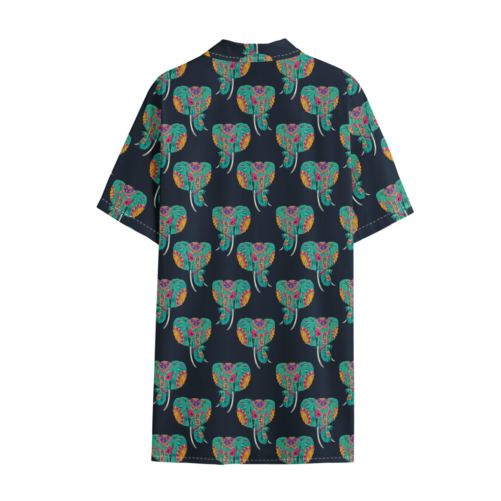 Indian Tribal Elephant Pattern Print Cotton Hawaiian Shirt