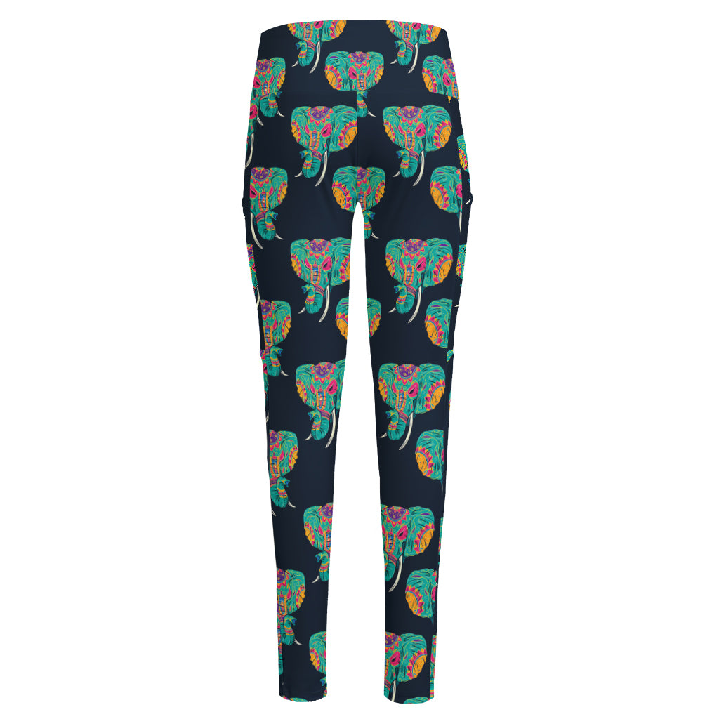 Indian Tribal Elephant Pattern Print High-Waisted Pocket Leggings