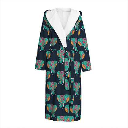 Indian Tribal Elephant Pattern Print Hooded Bathrobe