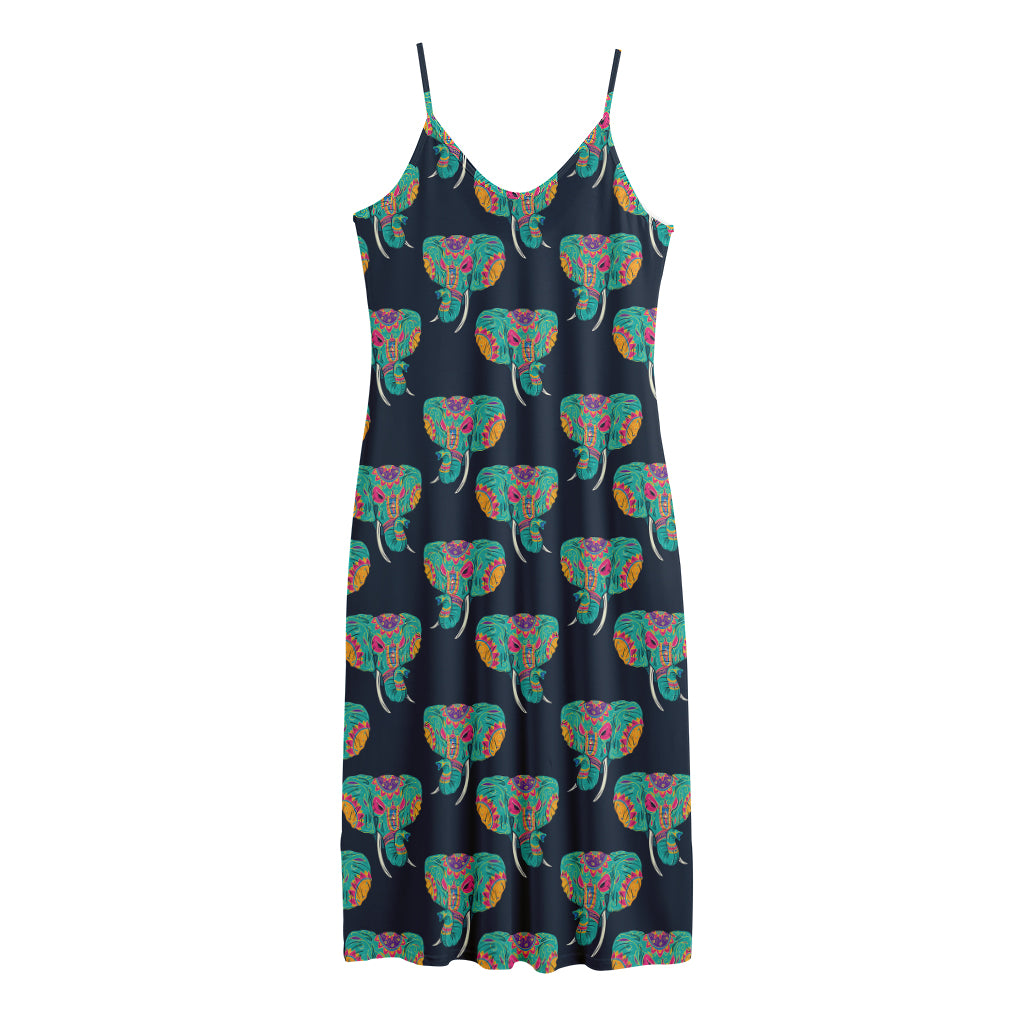 Indian Tribal Elephant Pattern Print Jersey Midi Cami Dress
