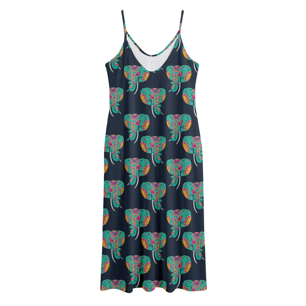Indian Tribal Elephant Pattern Print Jersey Midi Cami Dress