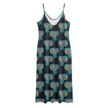 Indian Tribal Elephant Pattern Print Jersey Midi Cami Dress