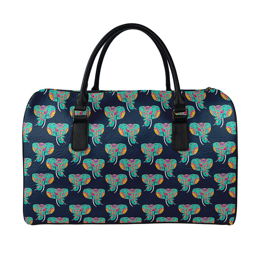 Indian Tribal Elephant Pattern Print Leather Duffle Bag