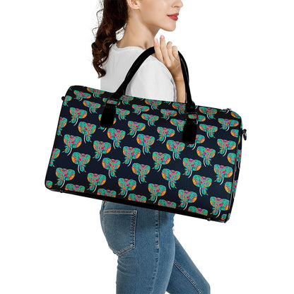 Indian Tribal Elephant Pattern Print Leather Duffle Bag