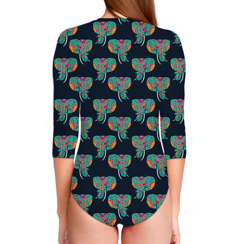 Indian Tribal Elephant Pattern Print Long Sleeve Swimsuit