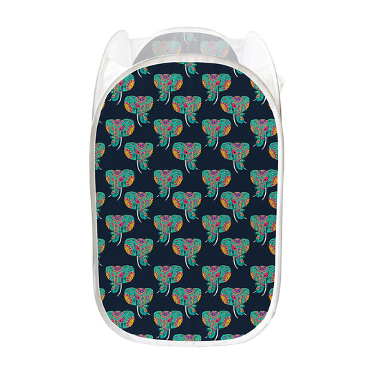 Indian Tribal Elephant Pattern Print Mesh Laundry Hamper