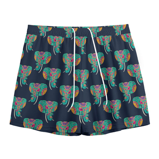 Indian Tribal Elephant Pattern Print Mesh Shorts