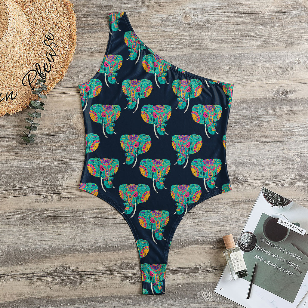 Indian Tribal Elephant Pattern Print One Shoulder Bodysuit