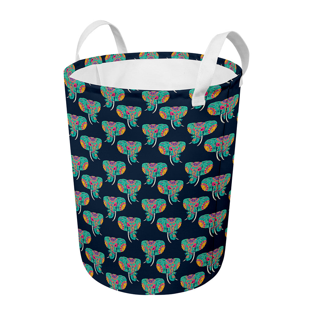 Indian Tribal Elephant Pattern Print Round Laundry Basket