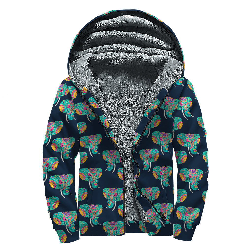 Indian Tribal Elephant Pattern Print Sherpa Lined Zip Up Hoodie