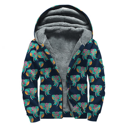 Indian Tribal Elephant Pattern Print Sherpa Lined Zip Up Hoodie