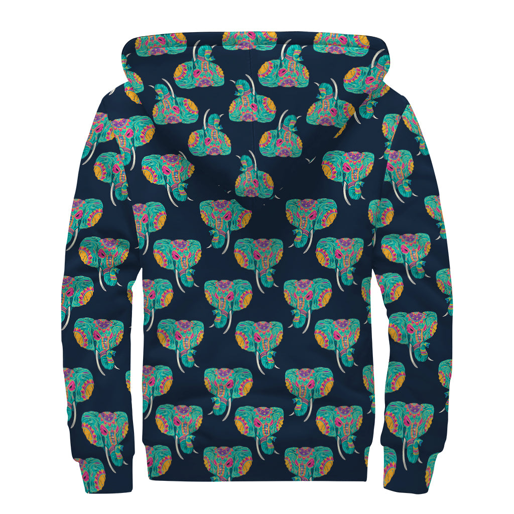 Indian Tribal Elephant Pattern Print Sherpa Lined Zip Up Hoodie