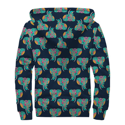 Indian Tribal Elephant Pattern Print Sherpa Lined Zip Up Hoodie