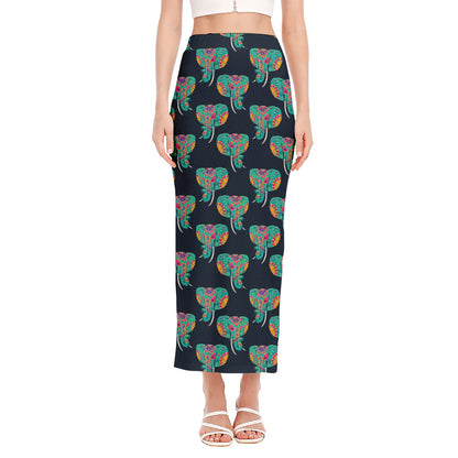 Indian Tribal Elephant Pattern Print Side Slit Maxi Skirt