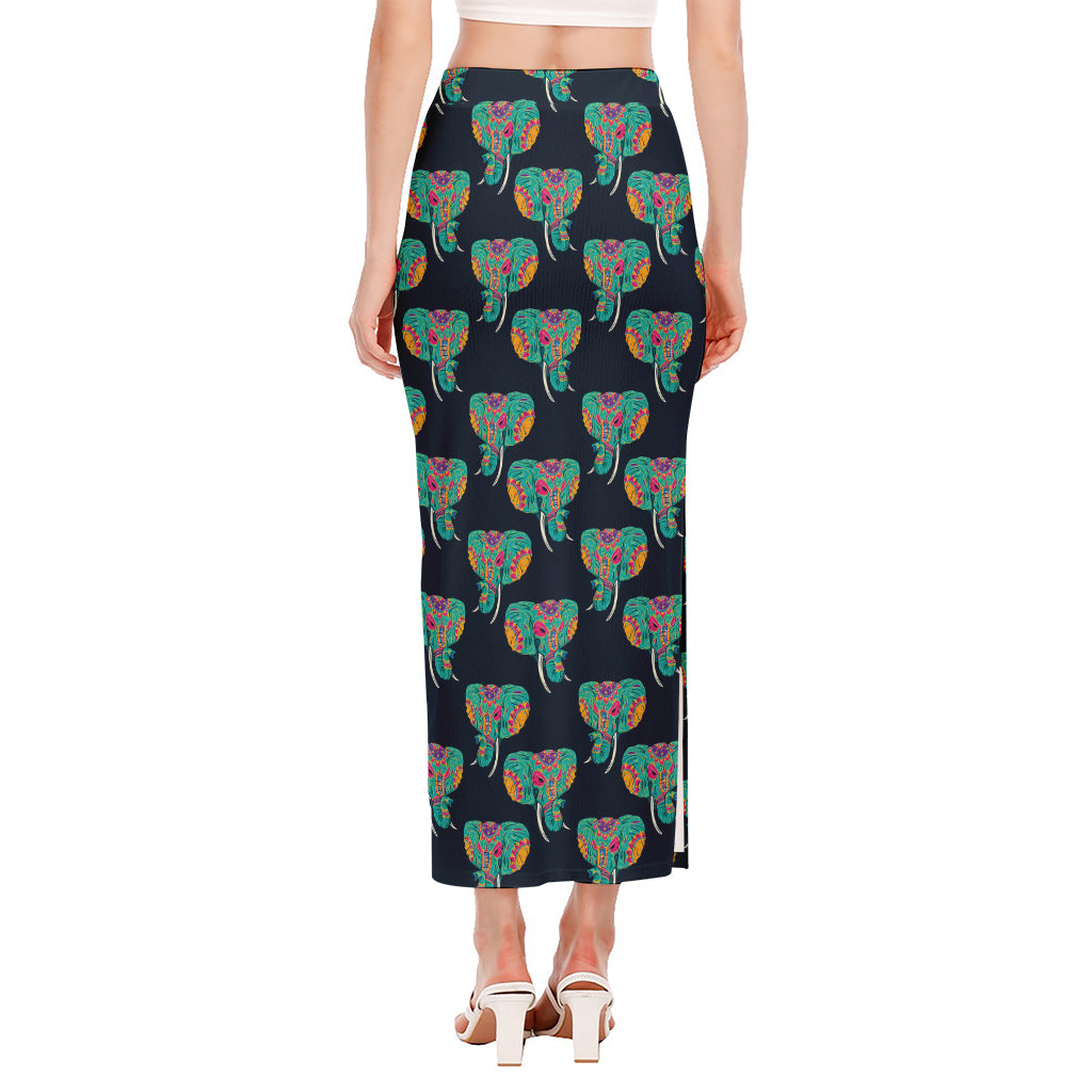 Indian Tribal Elephant Pattern Print Side Slit Maxi Skirt